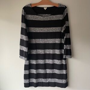 J Crew Striped Sweater Dress 100% Cotton Long Sleeve Black Grey Size Medium
